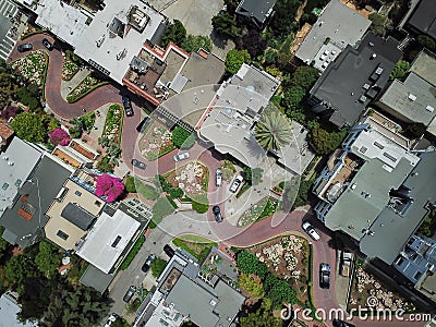 Top view steep hills and sharp curves one-way road Lombard Street, San Francisco Stock Photo
